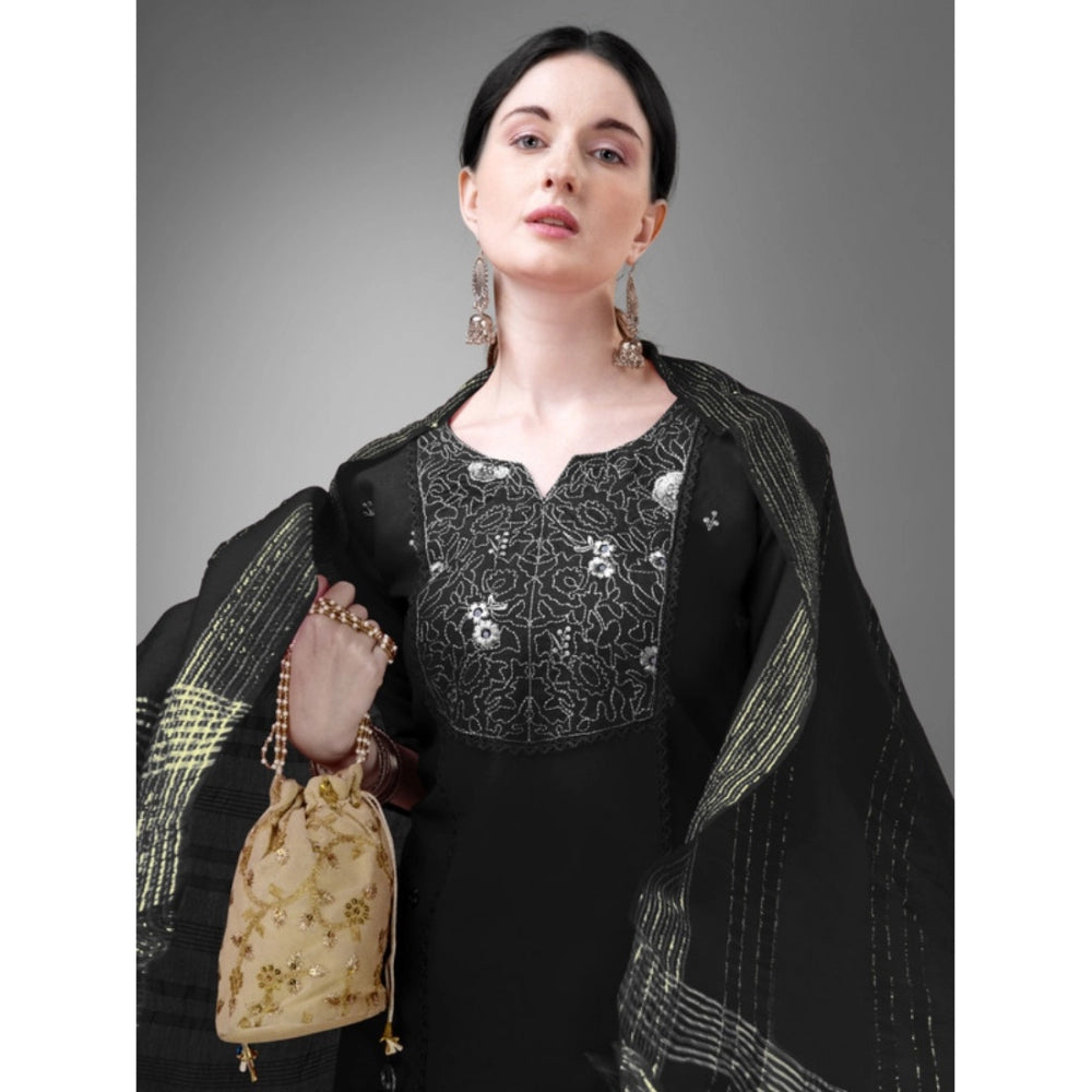 Shopper Beast Women's Casual 3-4 th Sleeve Embroidery Cotton Kurti Pant Dupatta Set (Black)