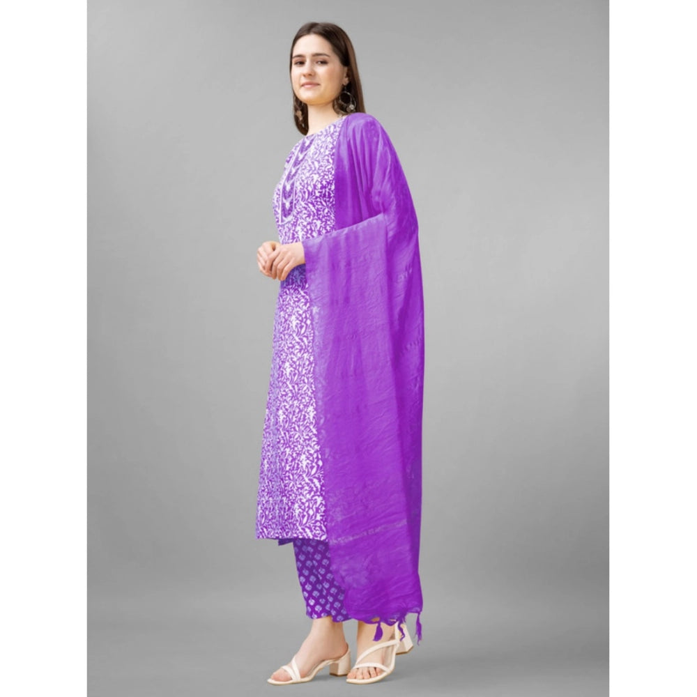 Shopper Beast Women's Casual 3-4 th Sleeve Embroidery Rayon Kurti Pant Dupatta Set (Purple)