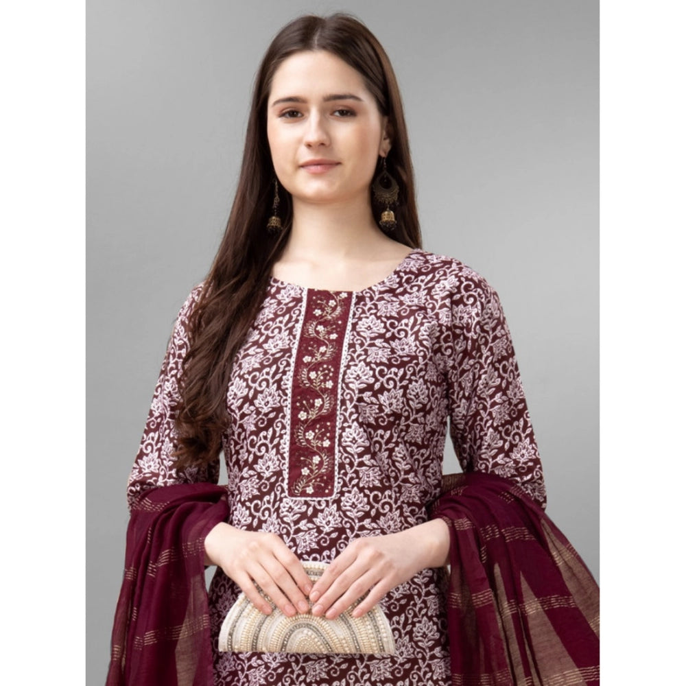 Shopper Beast Women's Casual 3-4 th Sleeve Embroidery Rayon Kurti Pant Dupatta Set (Maroon)