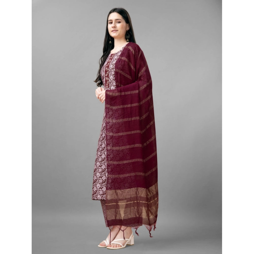 Shopper Beast Women's Casual 3-4 th Sleeve Embroidery Rayon Kurti Pant Dupatta Set (Maroon)