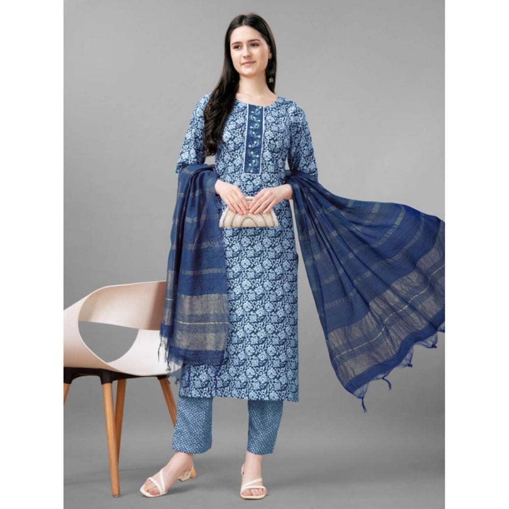 Shopper Beast Women's Casual 3-4 th Sleeve Embroidery Rayon Kurti Pant Dupatta Set (Light Blue)