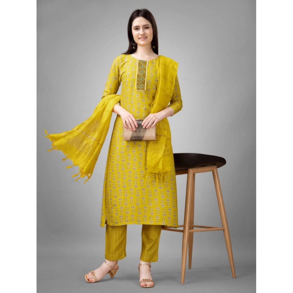 Shopper Beast Women's Casual 3-4 th Sleeve Embroidery Rayon Kurti Pant Dupatta Set (Yellow)