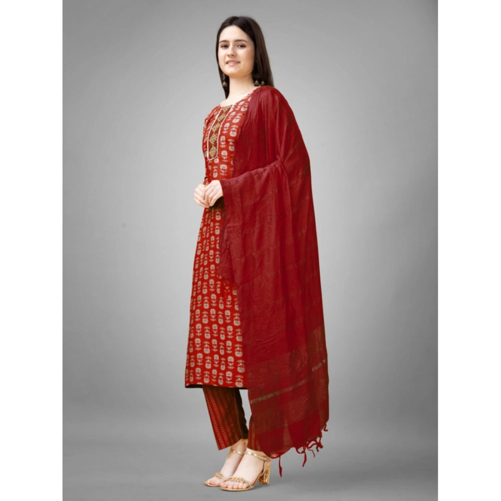 Shopper Beast Women's Casual 3-4 th Sleeve Embroidery Rayon Kurti Pant Dupatta Set (Maroon)