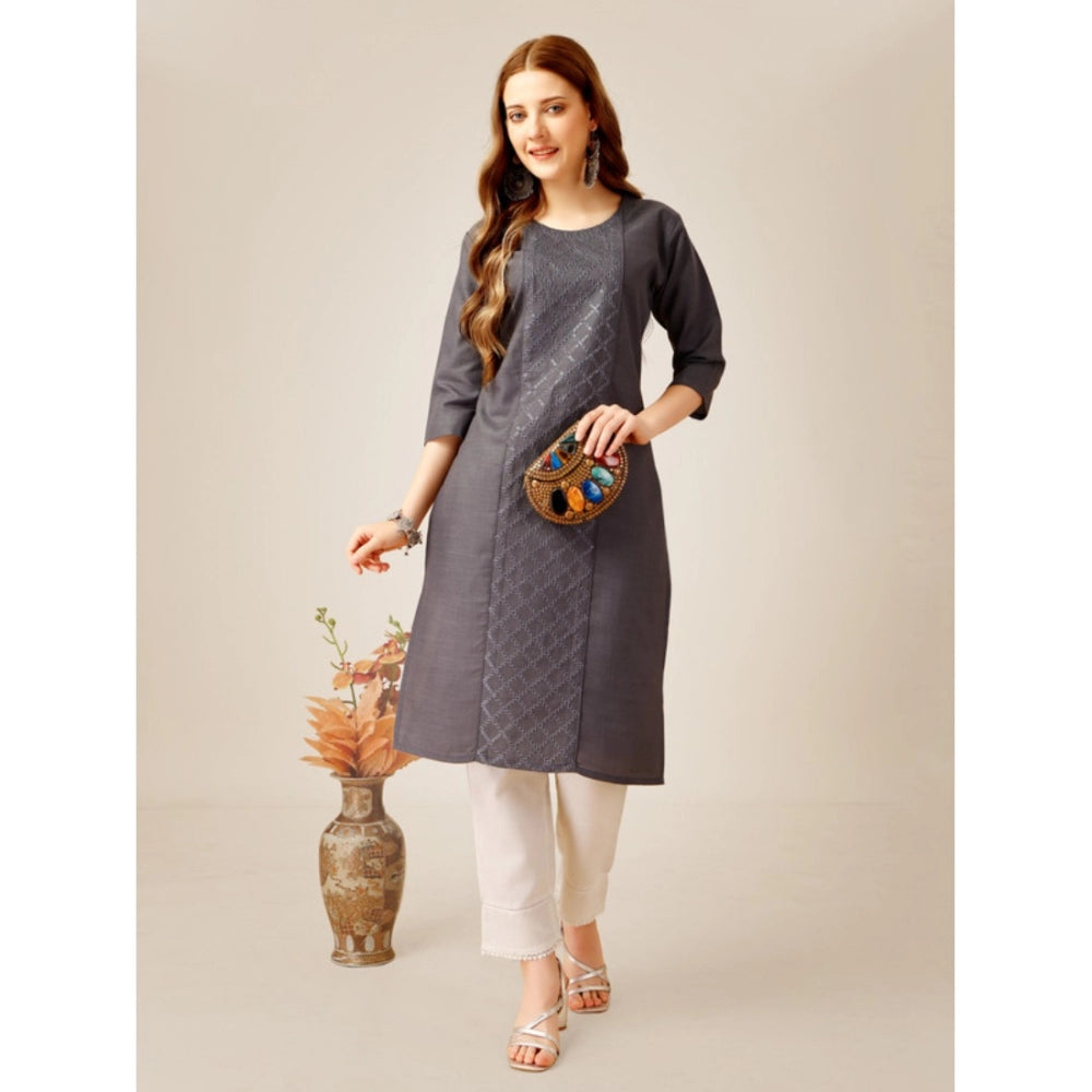 Shopper Beast Women's Casual 3-4 th Sleeve Embroidery Cotton Kurti Pant Set (Grey)