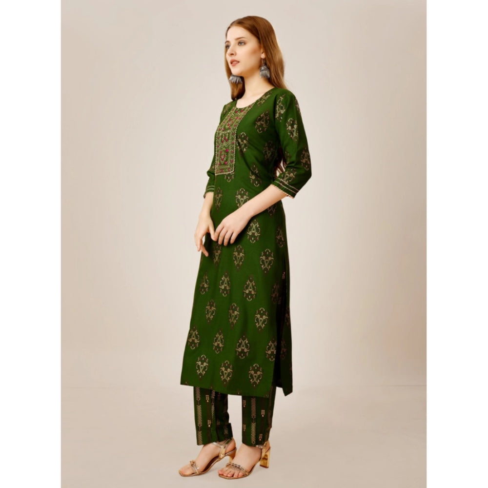 Shopper Beast Women's Casual 3-4 th Sleeve Embroidery Rayon Kurti Pant Set (Green)