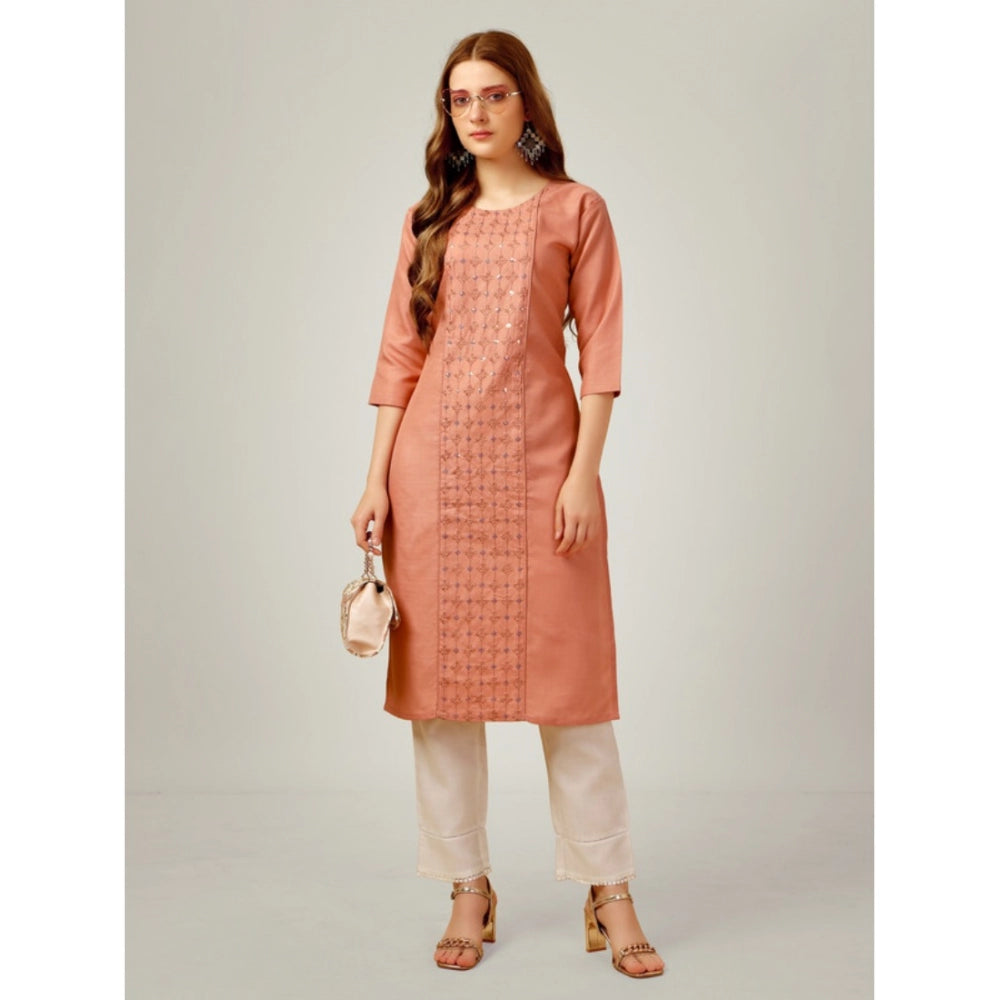 Shopper Beast Women's Casual 3-4 th Sleeve Embroidery Cotton Kurti Pant Set (Orange)