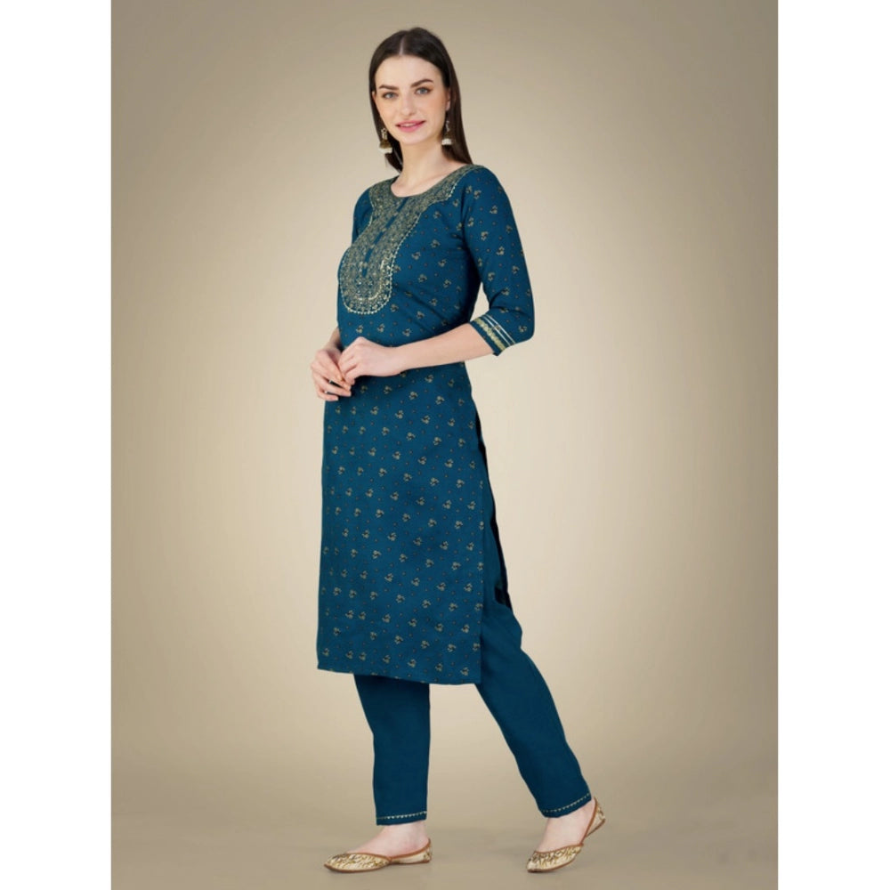 Shopper Beast Women's Casual 3-4 th Sleeve Embroidery Cotton Kurti Pant Dupatta Set (Blue )