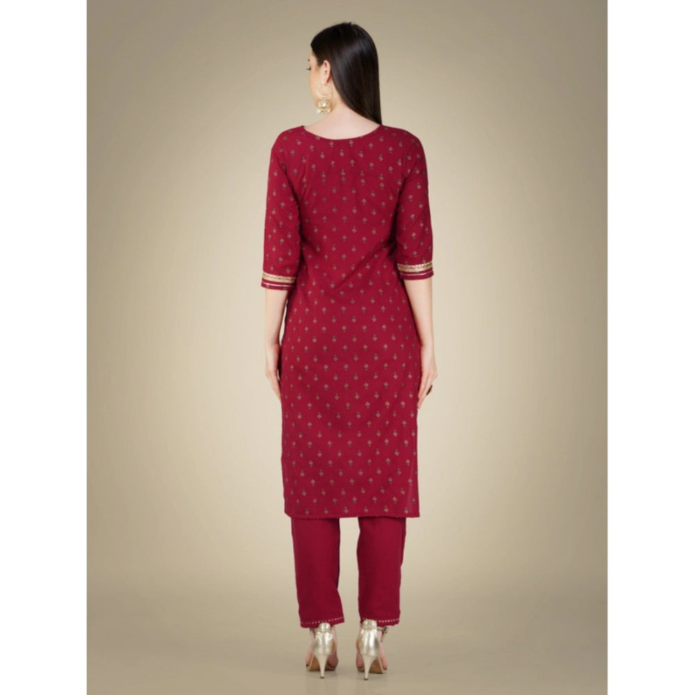 Shopper Beast Women's Casual 3-4 th Sleeve Embroidery Cotton Kurti Pant Dupatta Set (Maroon)