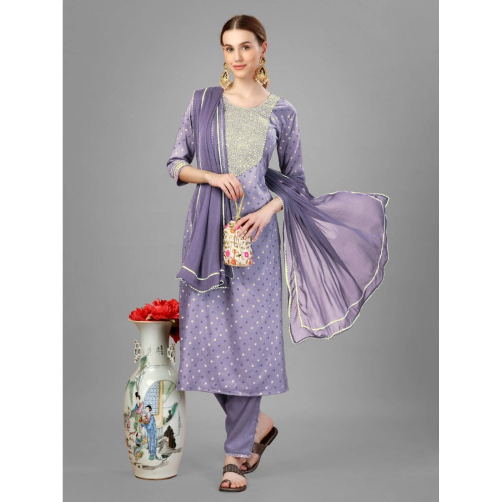 Shopper Beast Women's Casual 3-4 th Sleeve Embroidery Silk Blend Kurti Pant Dupatta Set (Lavender)