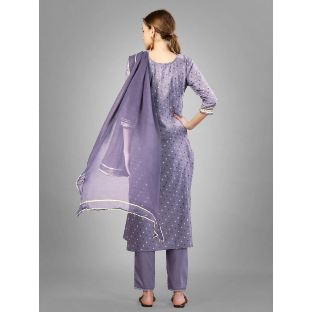 Shopper Beast Women's Casual 3-4 th Sleeve Embroidery Silk Blend Kurti Pant Dupatta Set (Lavender)