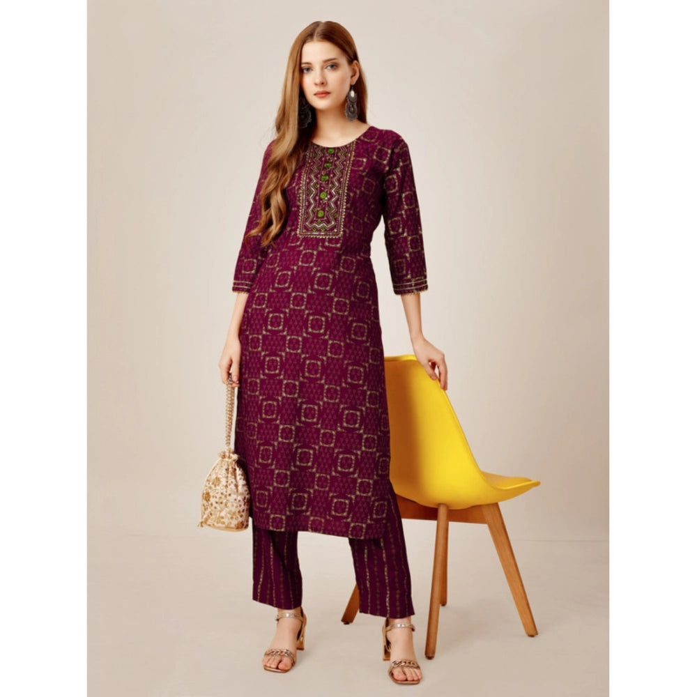 Shopper Beast Women's Casual 3-4 th Sleeve Embroidery Rayon Kurti Pant Set (Purple)