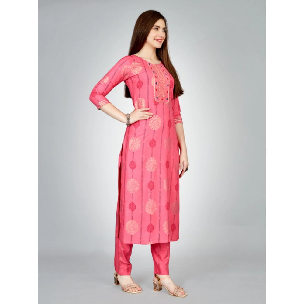 Shopper Beast Women's Casual 3-4 th Sleeve Embroidery Rayon Kurti Pant Set (Pink)