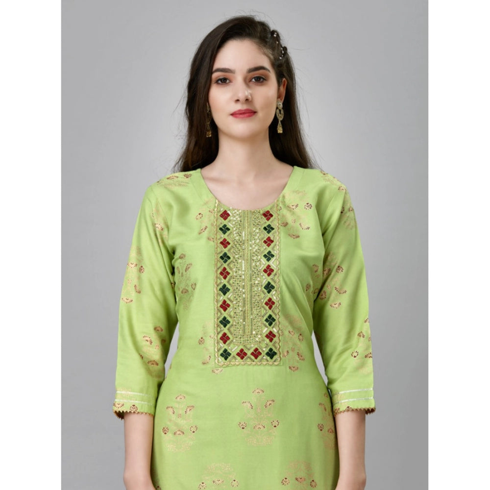 Shopper Beast Women's Casual 3-4 th Sleeve Embroidery Rayon Kurti Pant Set (Light Green)