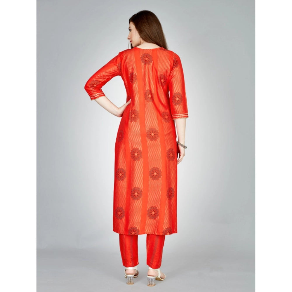 Shopper Beast Women's Casual 3-4 th Sleeve Embroidery Rayon Kurti Pant Set (Orange)