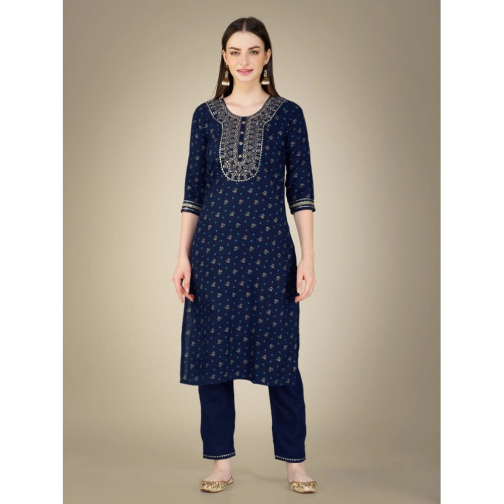 Shopper Beast Women's Casual 3-4 th Sleeve Embroidery Cotton Kurti Pant Dupatta Set (Dark Blue)