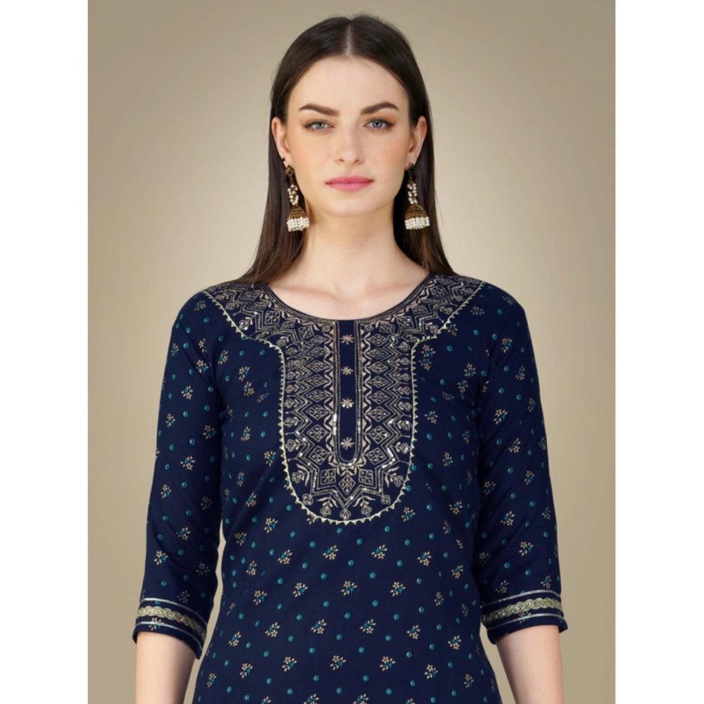 Shopper Beast Women's Casual 3-4 th Sleeve Embroidery Cotton Kurti Pant Dupatta Set (Dark Blue)