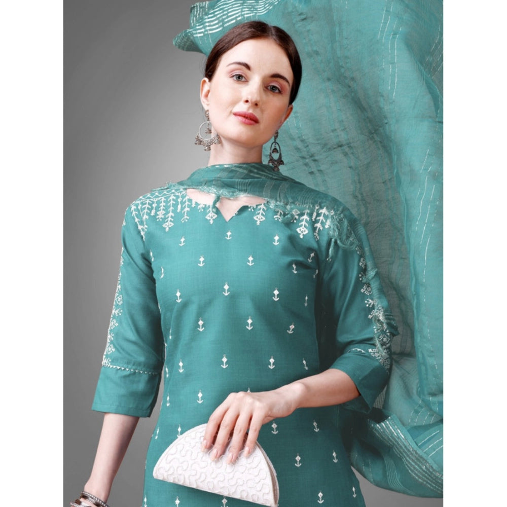 Shopper Beast Women's Casual 3-4 th Sleeve Embroidery Cotton Kurti Pant Dupatta Set (Teal)