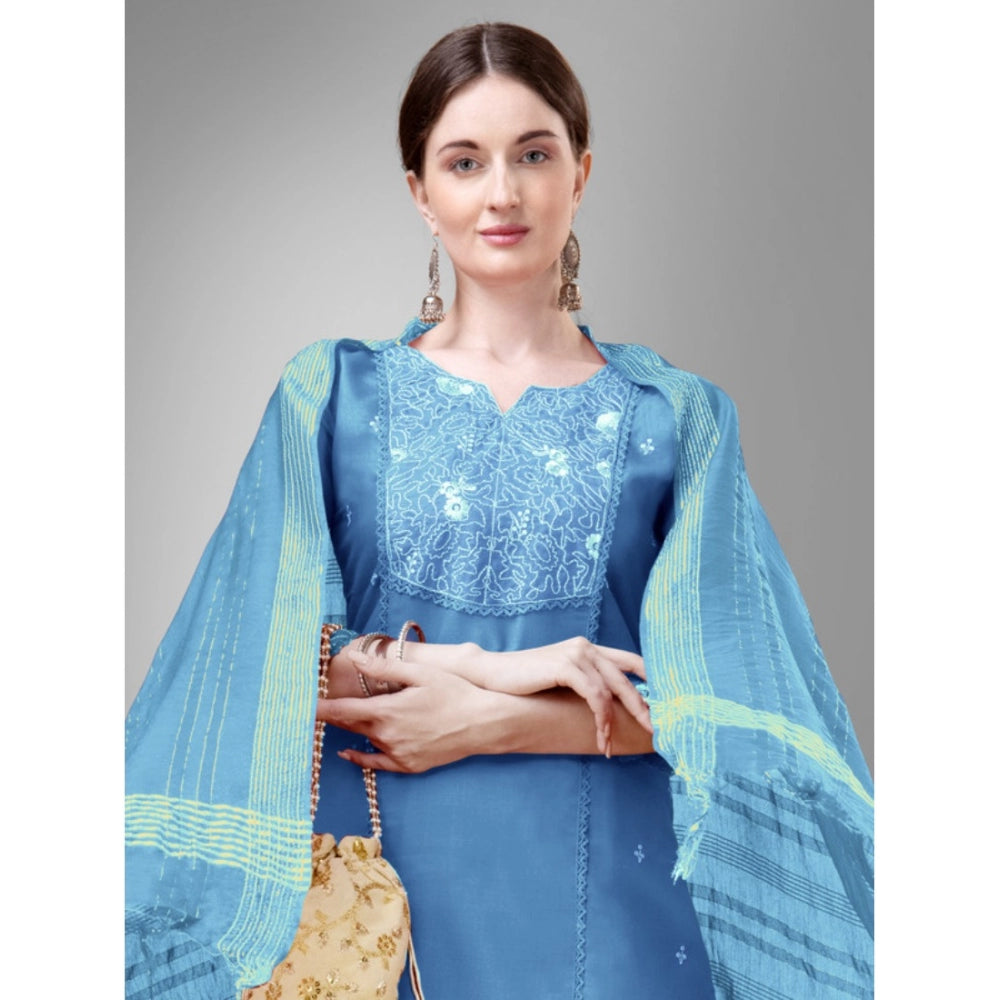 Shopper Beast Women's Casual 3-4 th Sleeve Embroidery Cotton Kurti Pant Dupatta Set (Sky Blue)