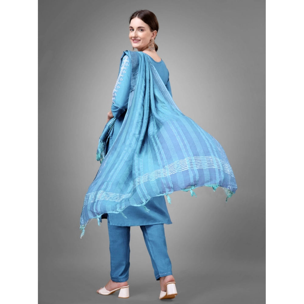 Shopper Beast Women's Casual 3-4 th Sleeve Embroidery Cotton Kurti Pant Dupatta Set (Sky Blue)