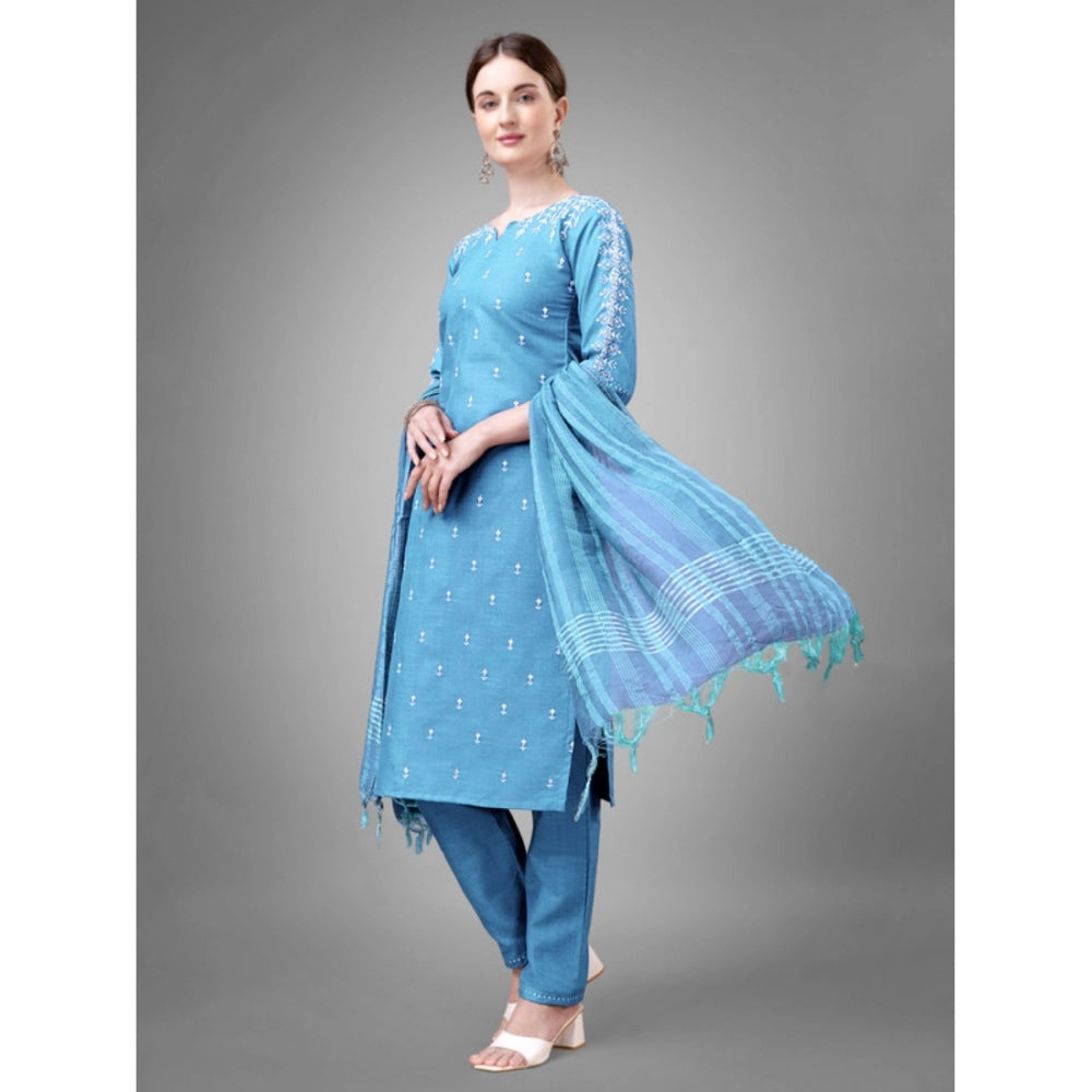 Shopper Beast Women's Casual 3-4 th Sleeve Embroidery Cotton Kurti Pant Dupatta Set (Sky Blue)