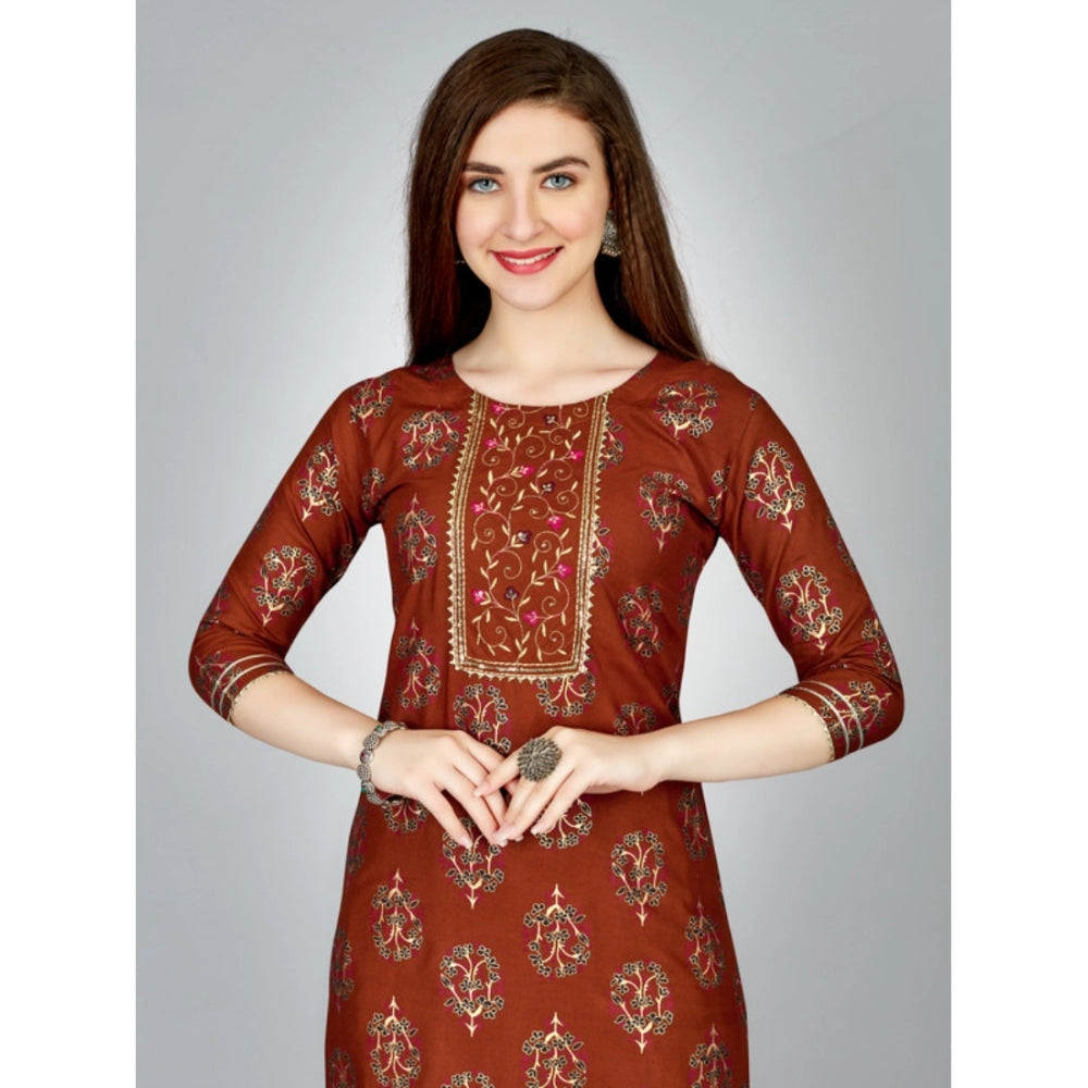 Shopper Beast Women's Casual 3-4 th Sleeve Embroidery Rayon Kurti Pant Set (Brown)