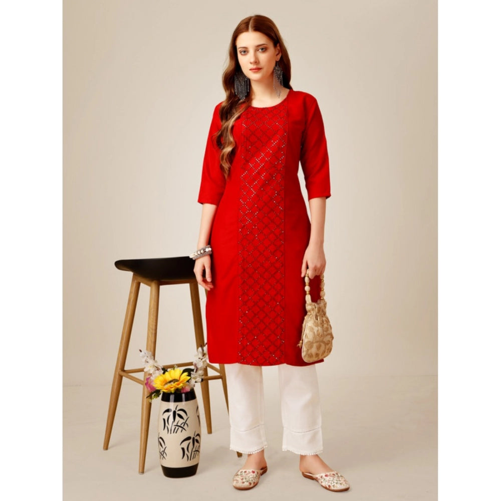 Shopper Beast Women's Casual 3-4 th Sleeve Embroidery Cotton Kurti Pant Set (Red)