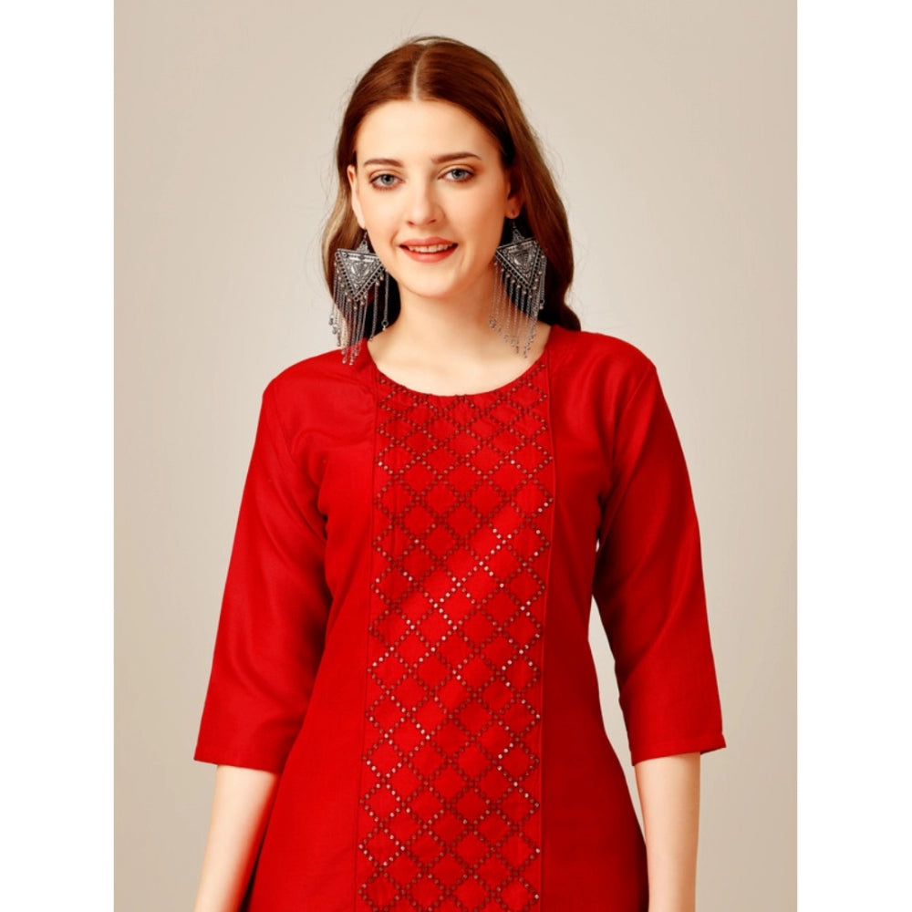 Shopper Beast Women's Casual 3-4 th Sleeve Embroidery Cotton Kurti Pant Set (Red)