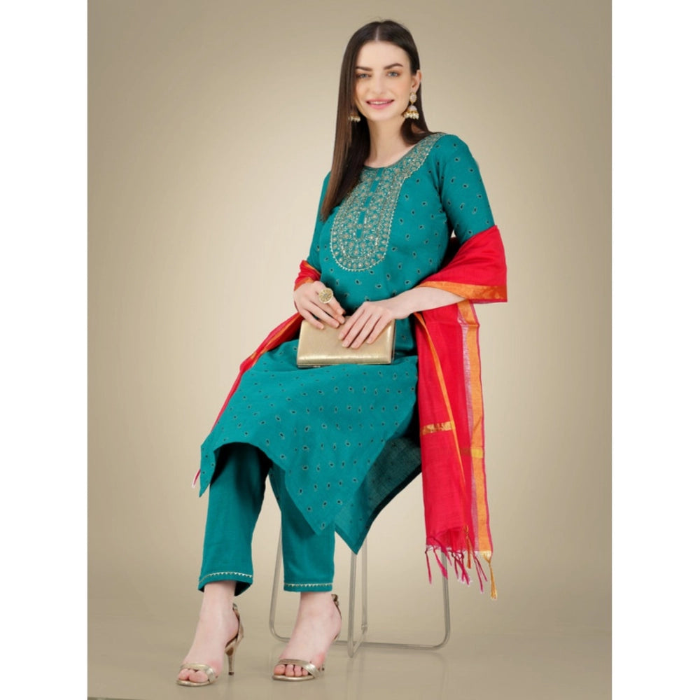 Shopper Beast Women's Casual 3-4 th Sleeve Embroidery Cotton Kurti Pant Dupatta Set (Light Green)