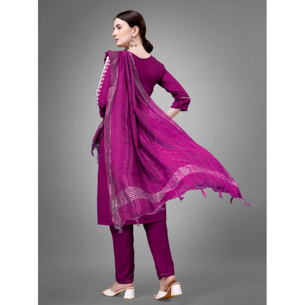 Shopper Beast Women's Casual 3-4 th Sleeve Embroidery Cotton Kurti Pant Dupatta Set (Purple)