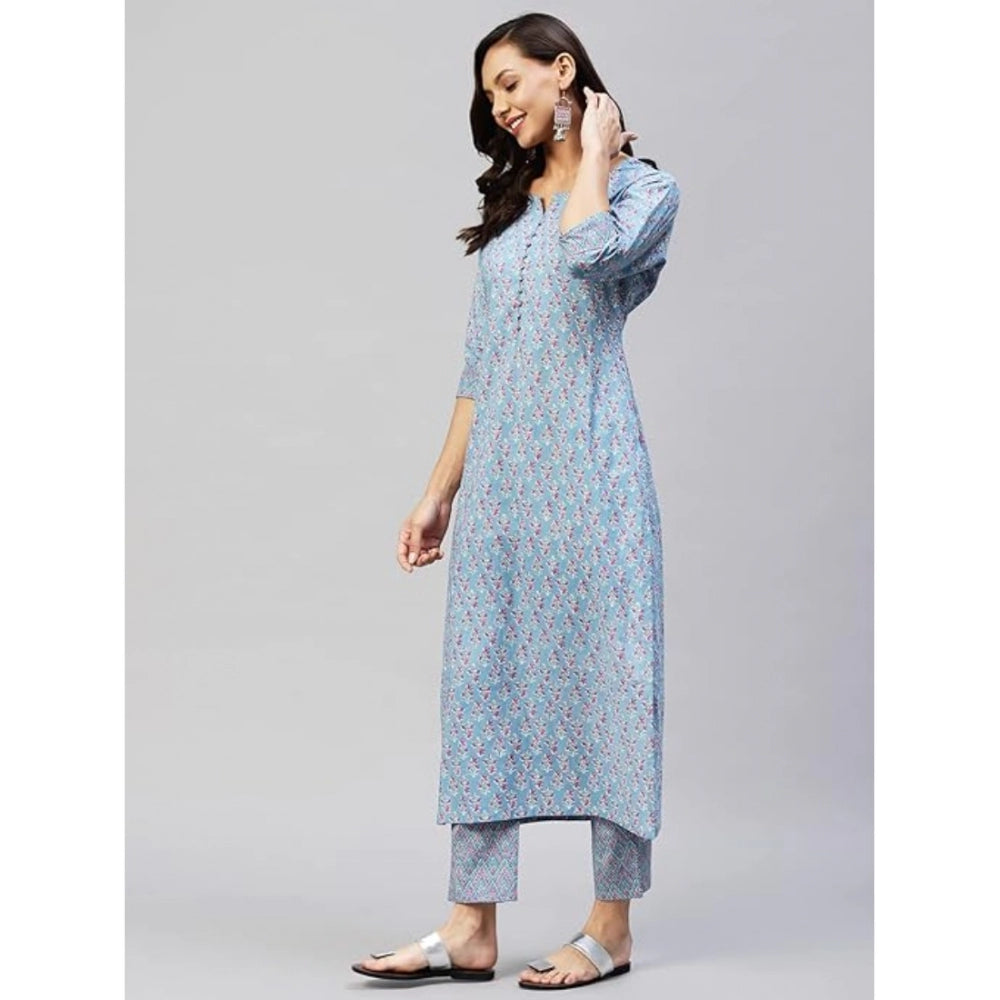 Shopper Beast Women's Casual 3-4 th Sleeve Printed Cotton Kurti Pant Set (Pastel Blue)