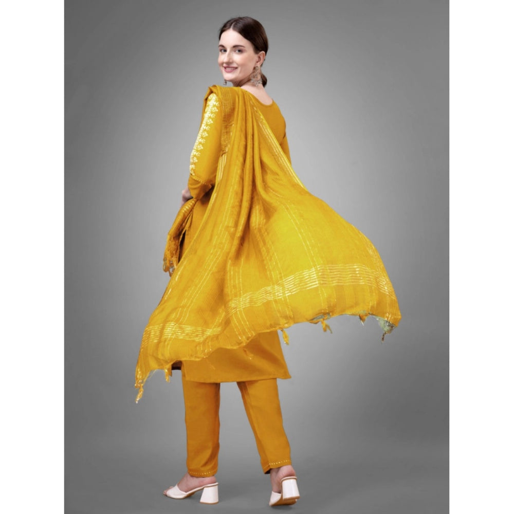 Shopper Beast Women's Casual 3-4 th Sleeve Embroidery Cotton Kurti Pant Dupatta Set (Yellow)