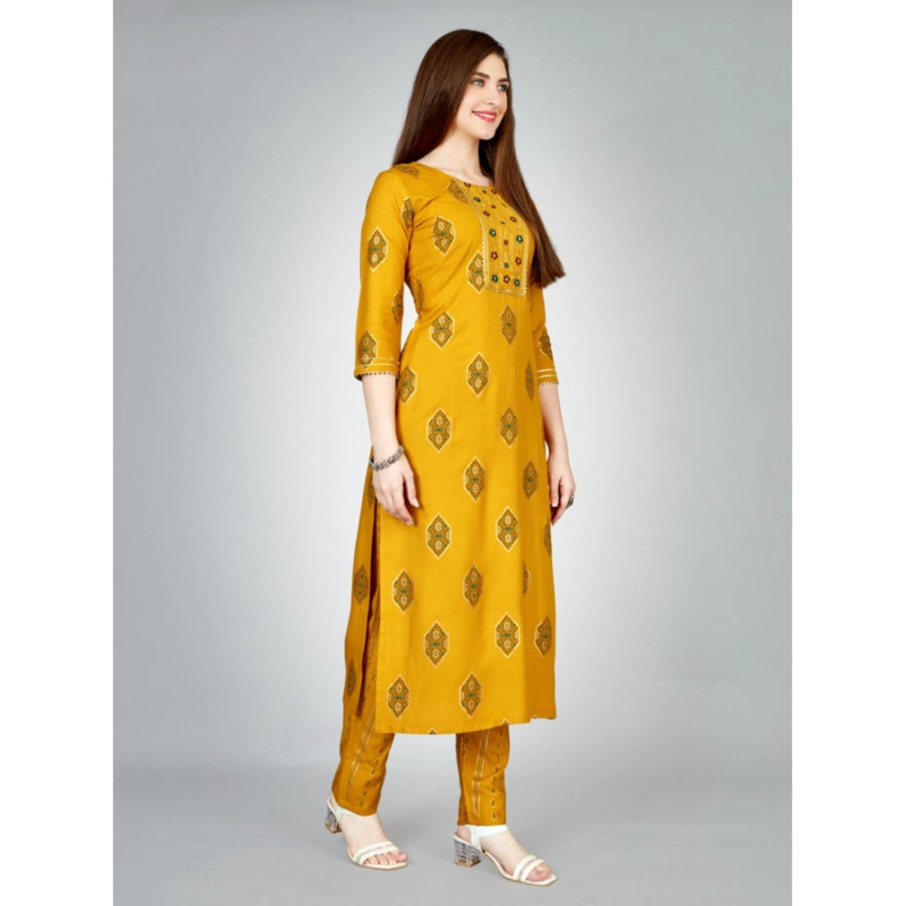 Shopper Beast Women's Casual 3-4 th Sleeve Embroidery Rayon Kurti Pant Set (Yellow)