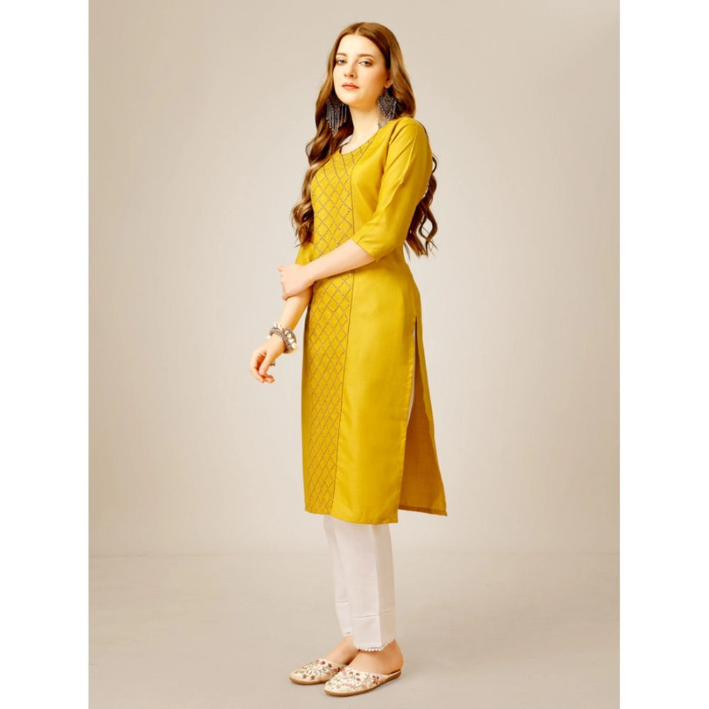 Shopper Beast Women's Casual 3-4 th Sleeve Embroidery Cotton Kurti Pant Set (Yellow)