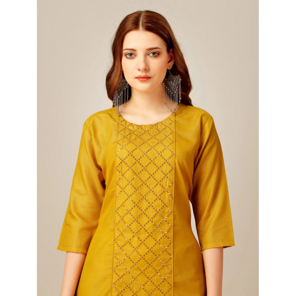 Shopper Beast Women's Casual 3-4 th Sleeve Embroidery Cotton Kurti Pant Set (Yellow)