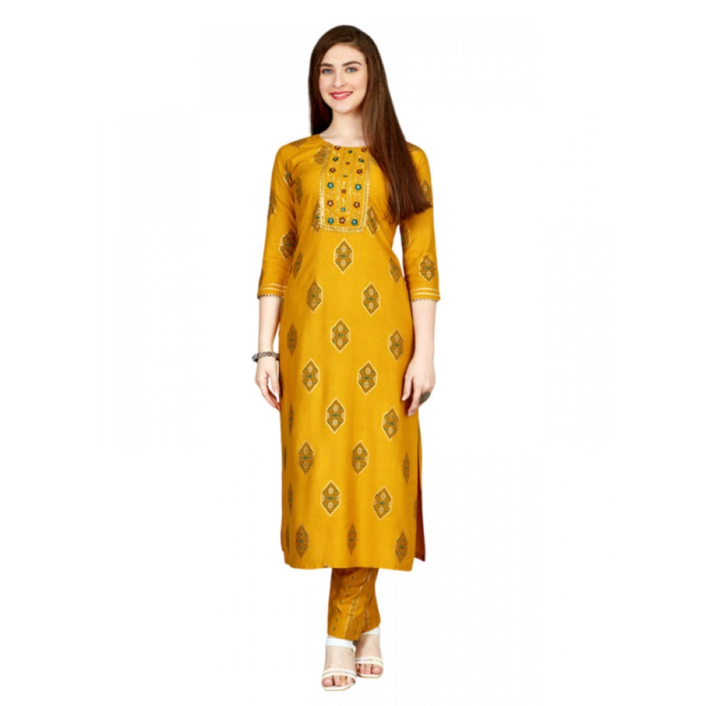 Shopper Beast Women's Casual 3-4 th Sleeve Embroidery Rayon Kurti Pant Set (Yellow)