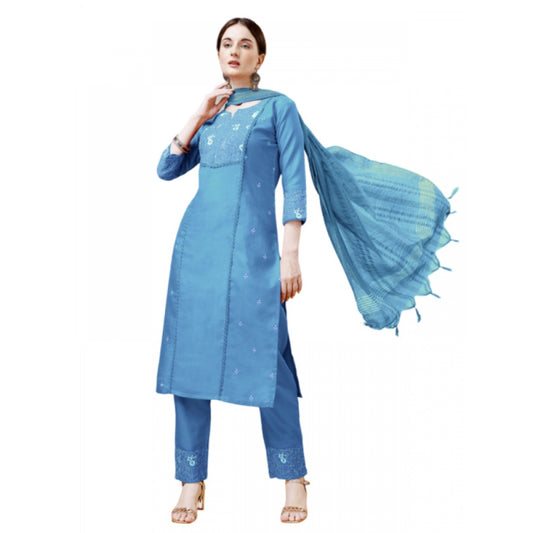 Shopper Beast Women's Casual 3-4 th Sleeve Embroidery Cotton Kurti Pant Dupatta Set (Sky Blue)