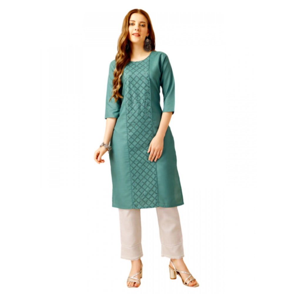 Shopper Beast Women's Casual 3-4 th Sleeve Embroidery Cotton Kurti Pant Set (Green)