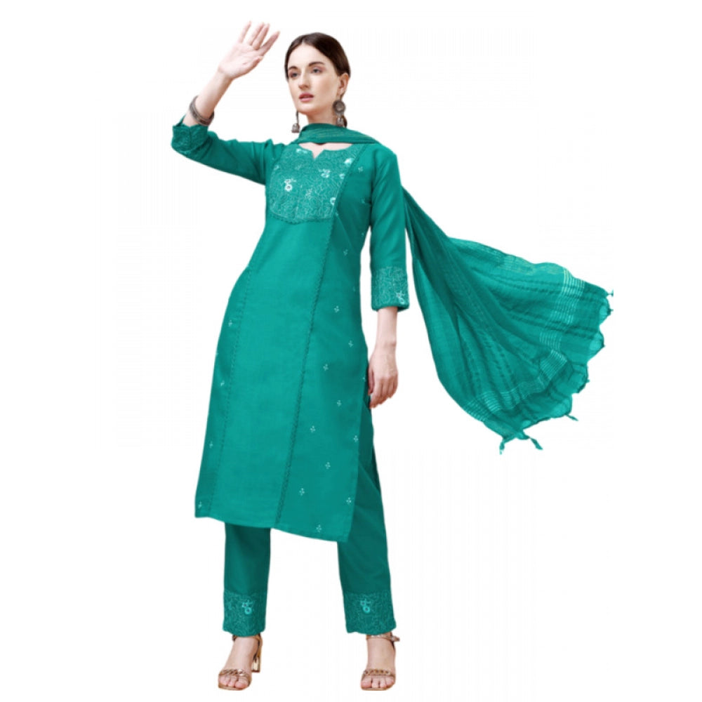 Shopper Beast Women's Casual 3-4 th Sleeve Embroidery Cotton Kurti Pant Dupatta Set (Rama)