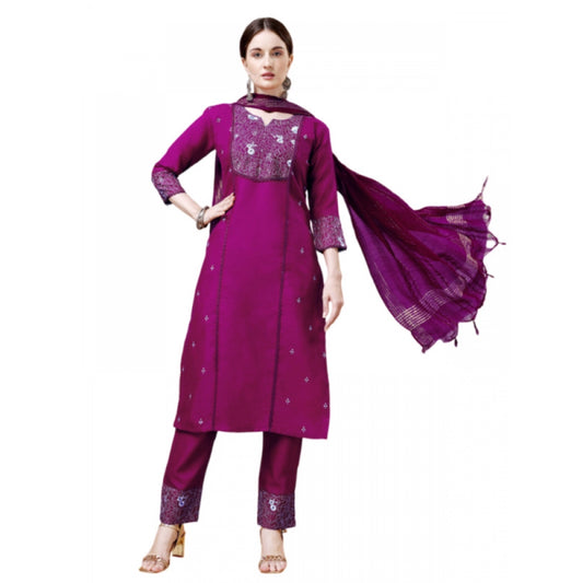 Shopper Beast Women's Casual 3-4 th Sleeve Embroidery Cotton Kurti Pant Dupatta Set (Purple)