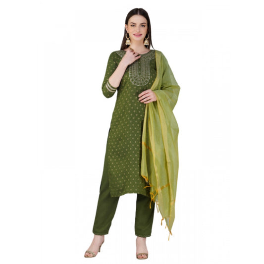 Shopper Beast Women's Casual 3-4 th Sleeve Embroidery Cotton Kurti Pant Dupatta Set (Green)