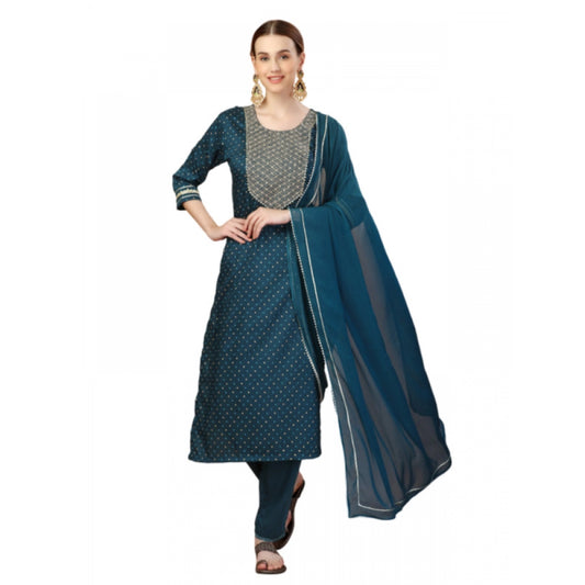 Shopper Beast Women's Casual 3-4 th Sleeve Embroidery Silk Blend Kurti Pant Dupatta Set (Blue)