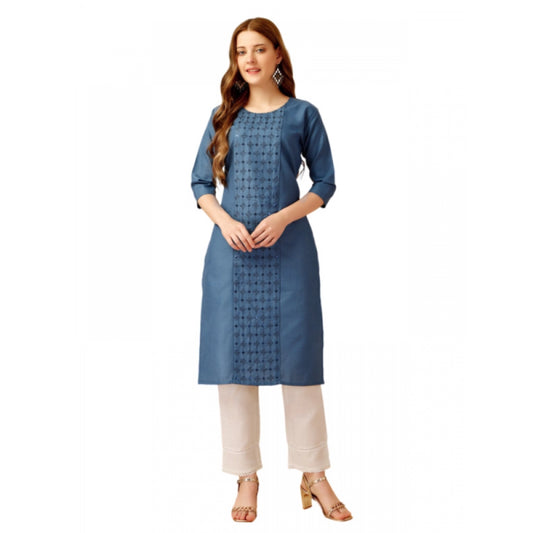 Shopper Beast Women's Casual 3-4 th Sleeve Embroidery Cotton Kurti Pant Set (Light Blue)