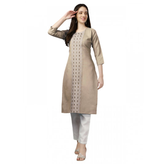 Shopper Beast Women's Casual 3-4 th Sleeve Embroidery Cotton Kurti (Beige)