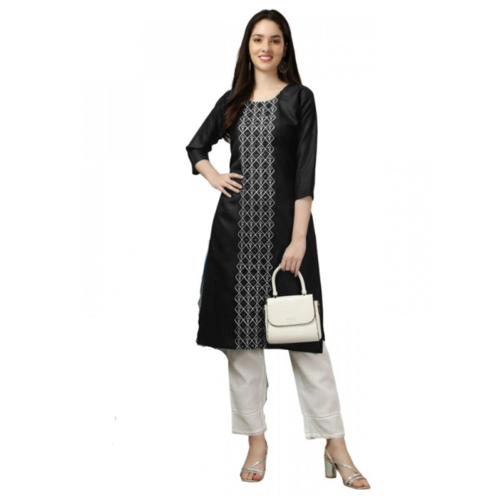 Shopper Beast Women's Casual 3-4 th Sleeve Embroidery Cotton Kurti (Black)