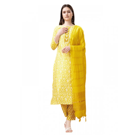 Shopper Beast Women's Casual 3-4 th Sleeve Embroidery Rayon Kurti Pant Dupatta Set (Yellow)