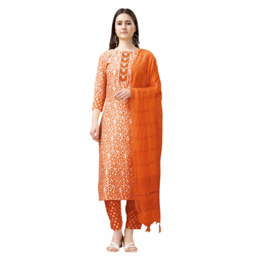 Shopper Beast Women's Casual 3-4 th Sleeve Embroidery Rayon Kurti Pant Dupatta Set (Orange)