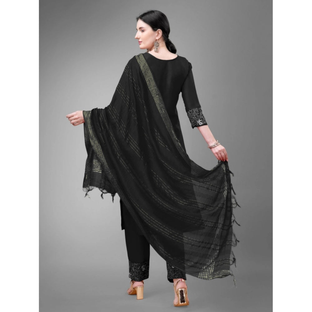 Shopper Beast Women's Casual 3-4 th Sleeve Embroidery Cotton Kurti Pant Dupatta Set (Black)