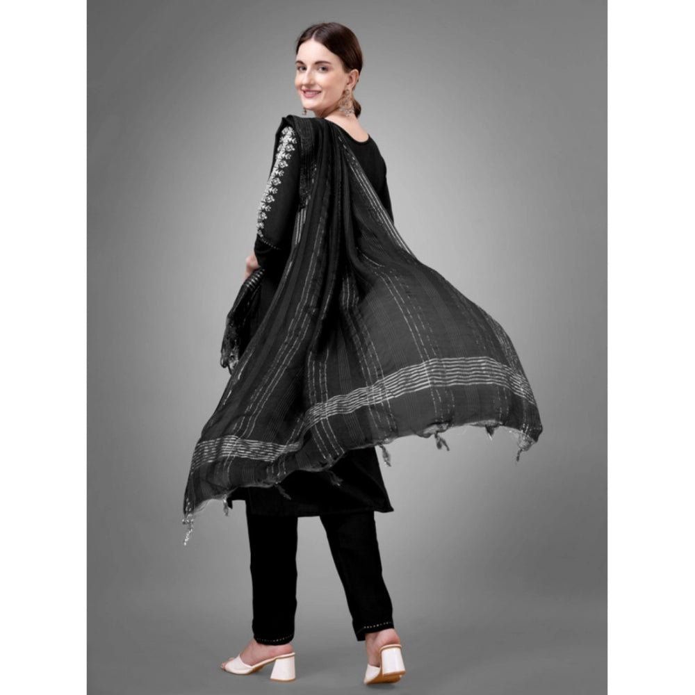 Shopper Beast Women's Casual 3-4 th Sleeve Embroidery Cotton Kurti Pant Dupatta Set (Black)