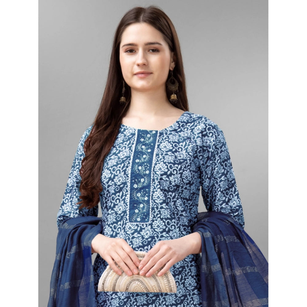 Shopper Beast Women's Casual 3-4 th Sleeve Embroidery Rayon Kurti Pant Dupatta Set (Light Blue)