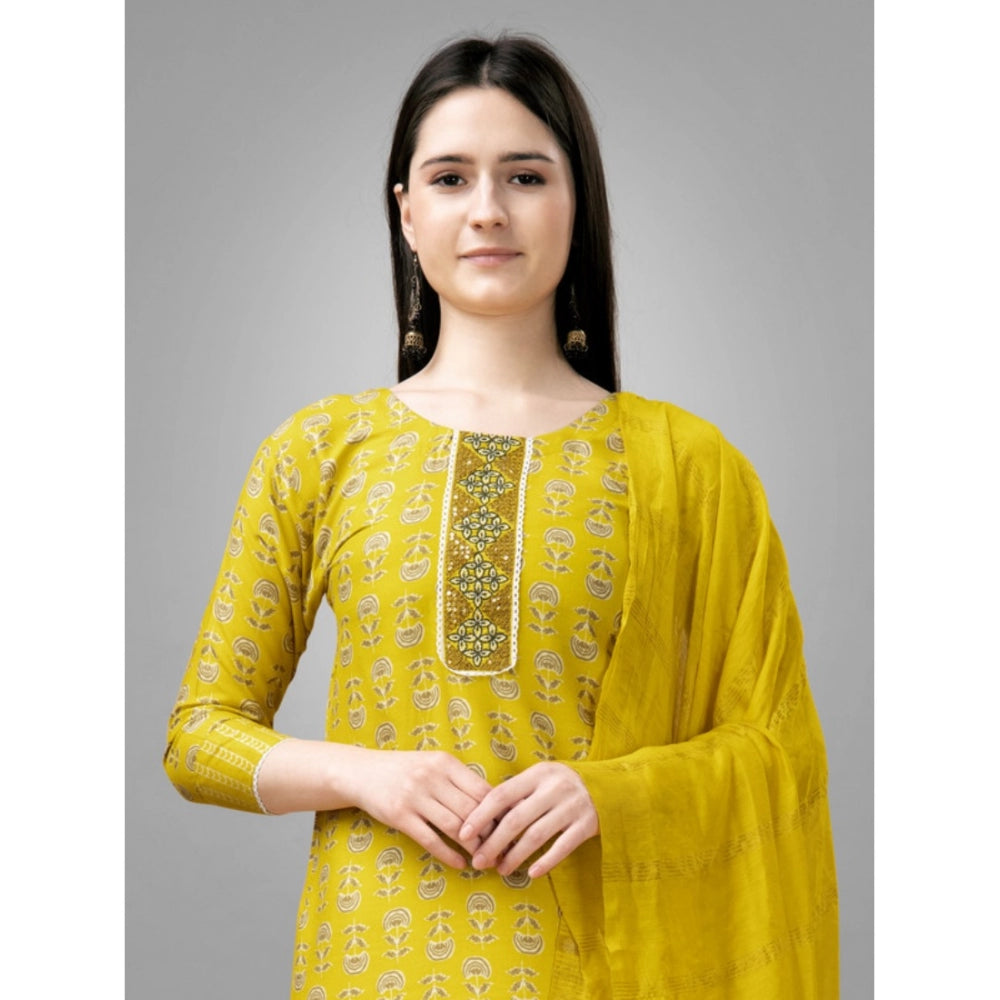 Shopper Beast Women's Casual 3-4 th Sleeve Embroidery Rayon Kurti Pant Dupatta Set (Yellow)